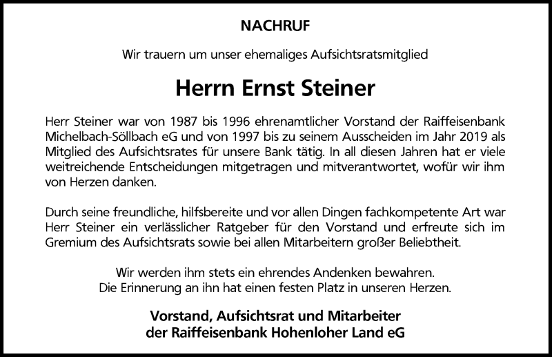  Traueranzeige für Ernst Steiner vom 01.07.2020 aus 