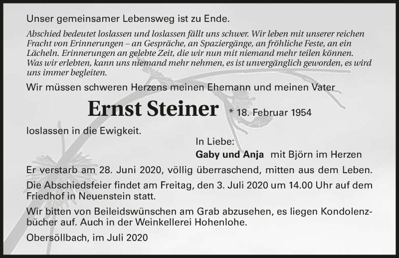  Traueranzeige für Ernst Steiner vom 01.07.2020 aus 