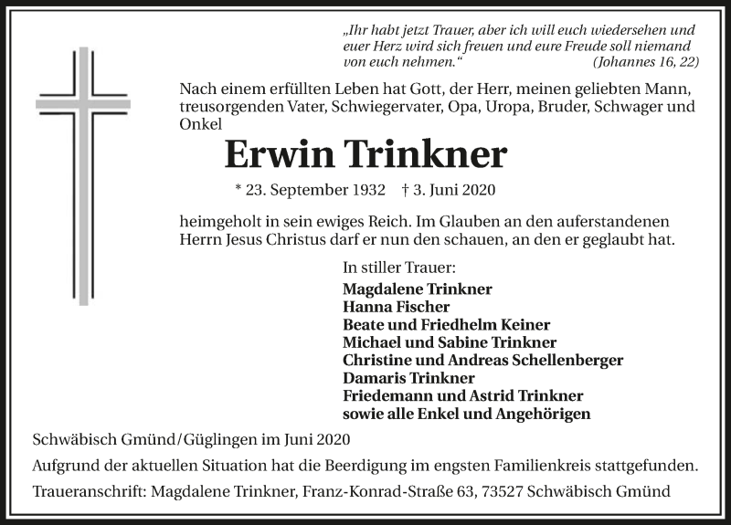  Traueranzeige für Erwin Trinkner vom 13.06.2020 aus 