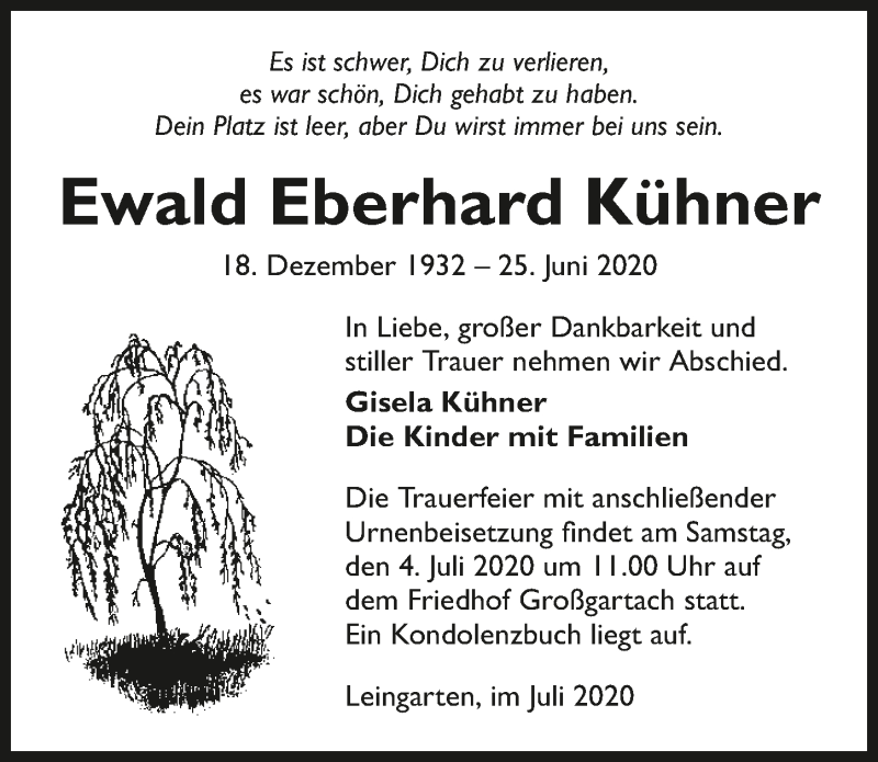  Traueranzeige für Ewald Eberhard Kühner vom 01.07.2020 aus 