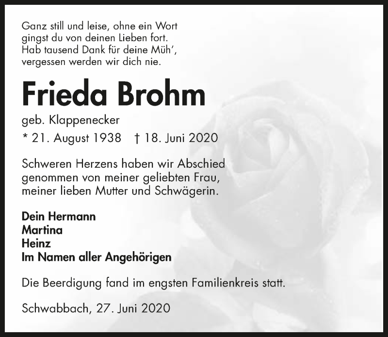  Traueranzeige für Frieda Brohm vom 27.06.2020 aus 