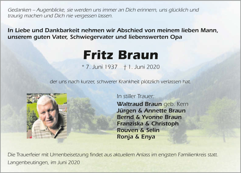  Traueranzeige für Fritz Braun vom 06.06.2020 aus 