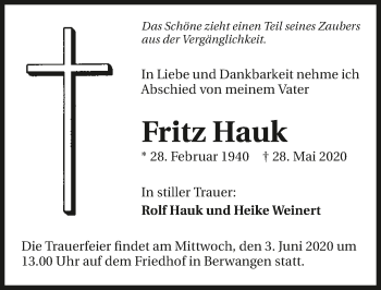 Traueranzeige von Fritz Hauk 