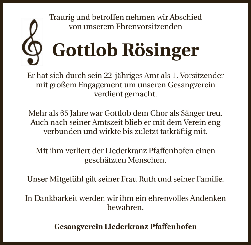  Traueranzeige für Gottlob Rösinger vom 06.06.2020 aus 