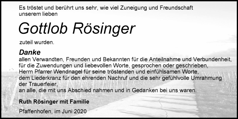  Traueranzeige für Gottlob Rösinger vom 27.06.2020 aus 