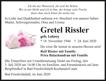Traueranzeige von Gretel Rissler 