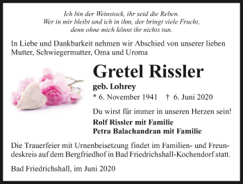 Traueranzeige von Gretel Rissler 