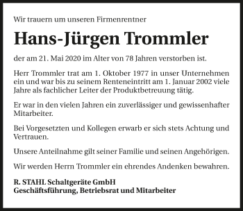Traueranzeige von Hans-Jürgen Trommler 