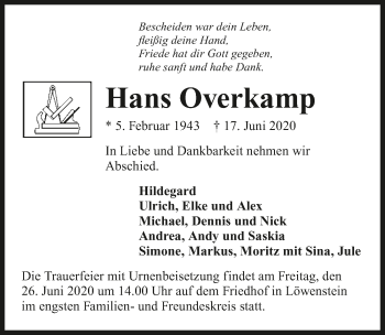 Traueranzeige von Hans Overkamp 