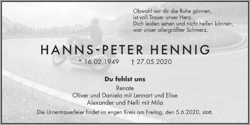  Traueranzeige für Hanns-Peter Hennig vom 03.06.2020 aus 