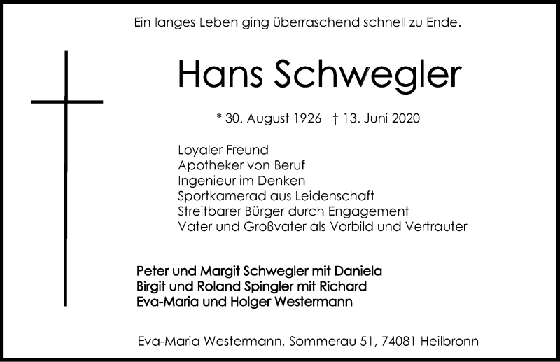  Traueranzeige für Hans Schwegler vom 20.06.2020 aus 