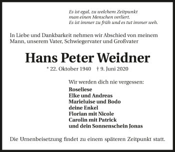 Traueranzeige von Hans Peter Weidner 