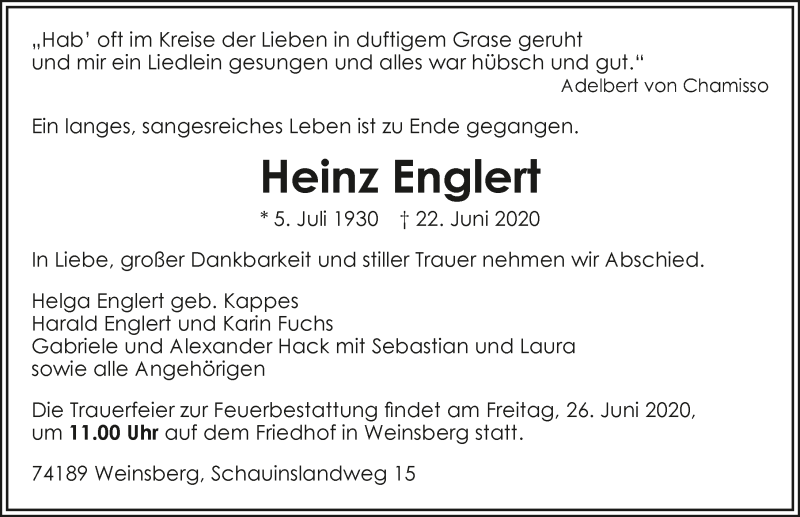  Traueranzeige für Heinz Englert vom 24.06.2020 aus 