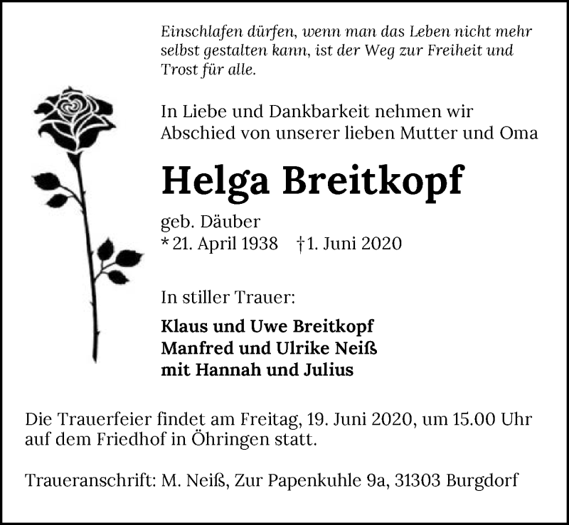  Traueranzeige für Helga Breitkopf vom 13.06.2020 aus 