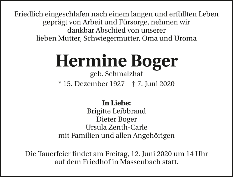  Traueranzeige für Hermine Boger vom 10.06.2020 aus 
