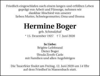Traueranzeige von Hermine Boger 