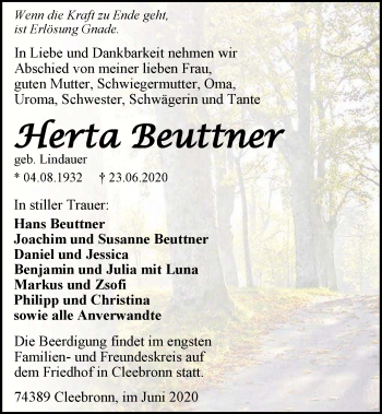 Traueranzeige von Herta Beuttner 