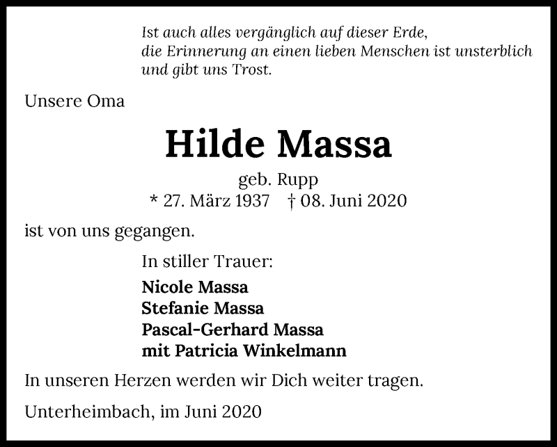  Traueranzeige für Hilde Massa vom 13.06.2020 aus 