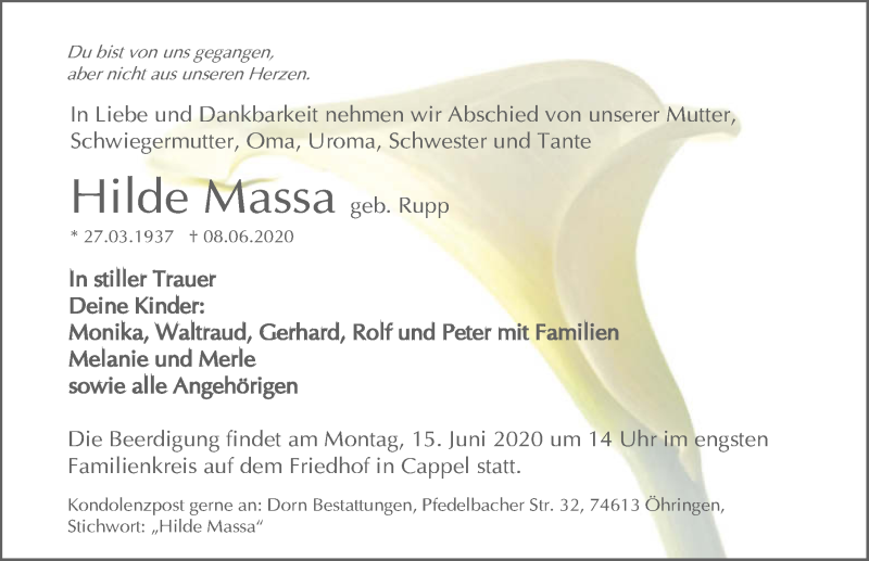  Traueranzeige für Hilde Massa vom 12.06.2020 aus 