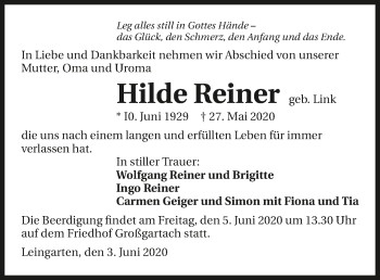 Traueranzeige von Hilde Reiner 