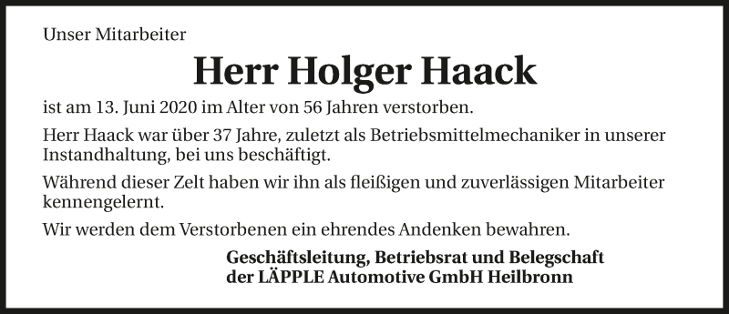 Traueranzeige für Holger Haack vom 27.06.2020 aus 