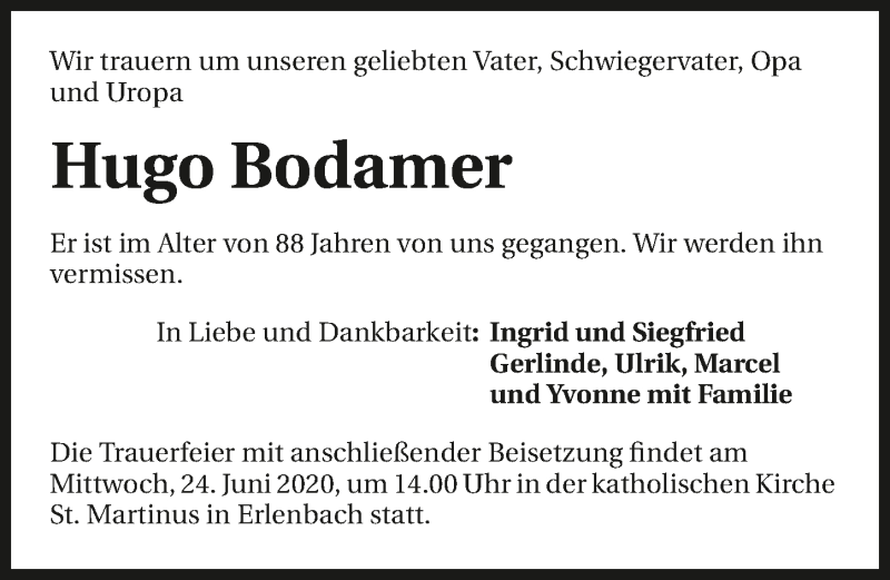  Traueranzeige für Hugo Bodamer vom 23.06.2020 aus 