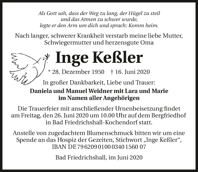  Traueranzeige für Inge Keßler vom 19.06.2020 aus 
