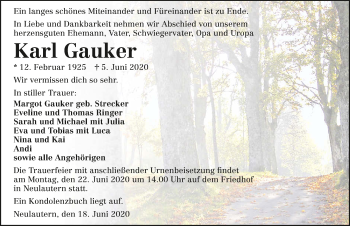 Traueranzeige von Karl Gauker 