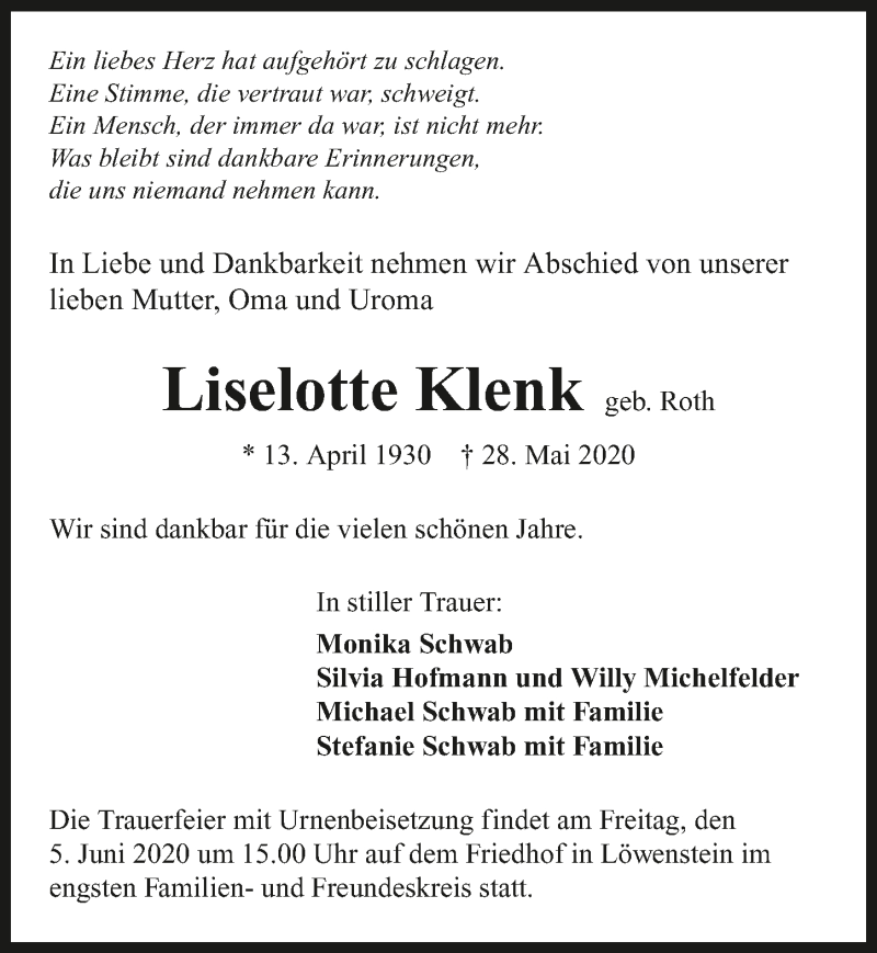  Traueranzeige für Liselotte Klenk vom 03.06.2020 aus 