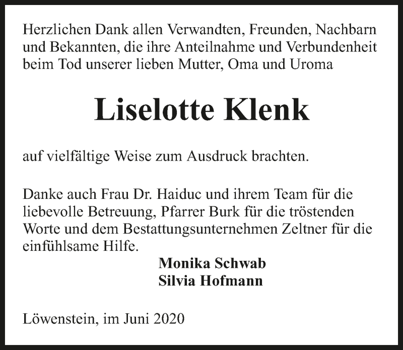  Traueranzeige für Liselotte Klenk vom 27.06.2020 aus 
