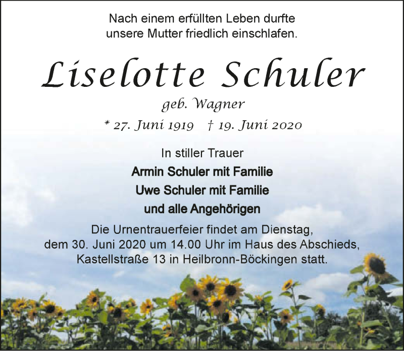  Traueranzeige für Liselotte Schuler vom 27.06.2020 aus 