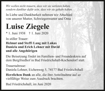 Traueranzeige von Luise Ziegele 