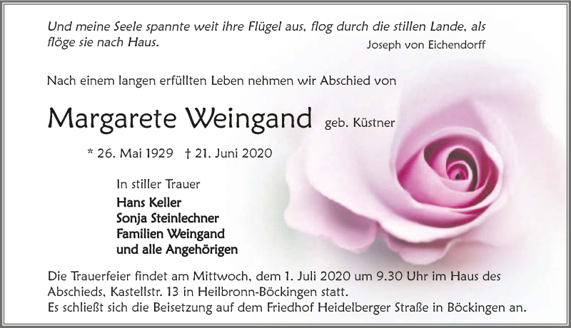  Traueranzeige für Margarete Weingand vom 27.06.2020 aus 