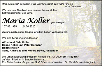 Traueranzeige von Maria Koller 