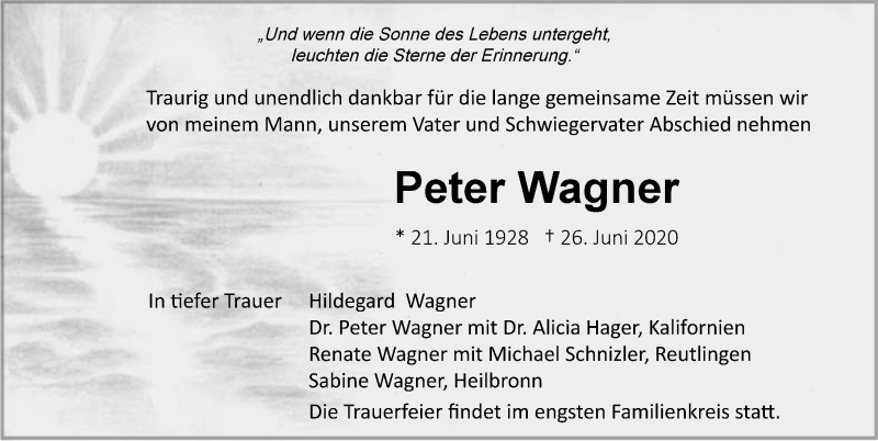 Traueranzeige für Peter Wagner vom 30.06.2020 aus 
