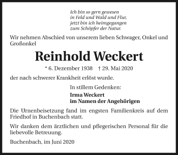 Traueranzeige von Reinhold Weckert 