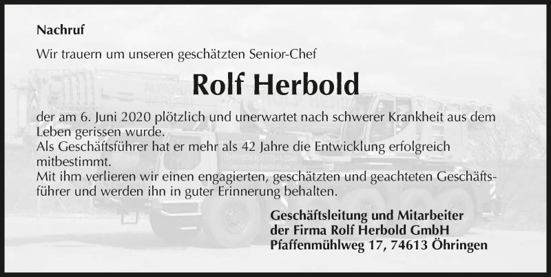  Traueranzeige für Rolf Herbold vom 13.06.2020 aus 