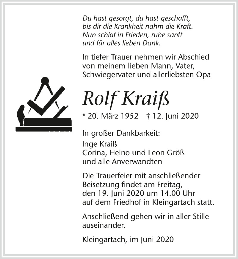  Traueranzeige für Rolf Kraiß vom 17.06.2020 aus 