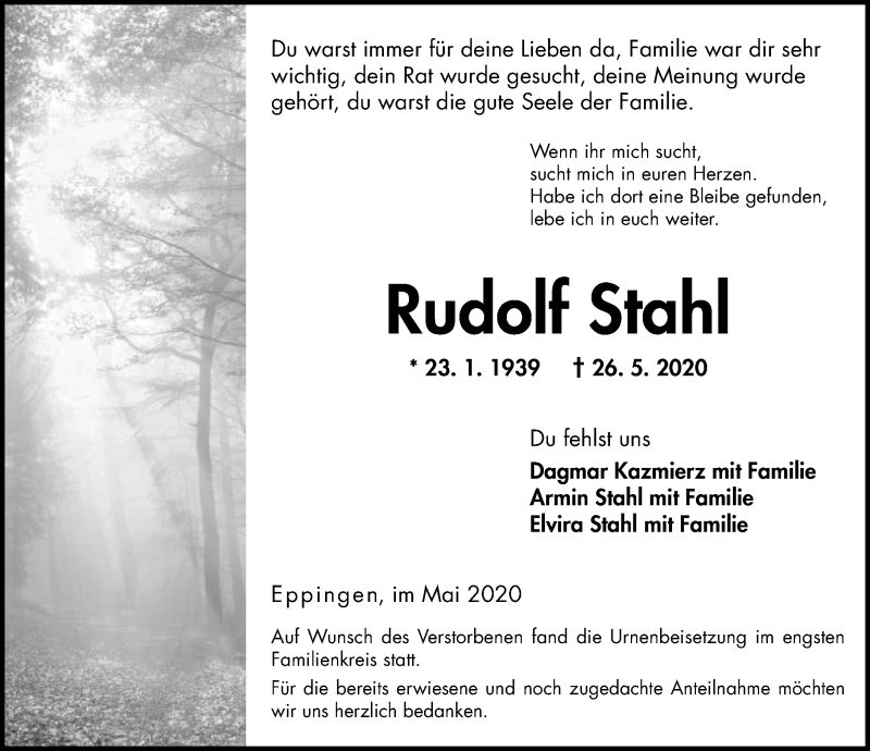  Traueranzeige für Rudolf Stahl vom 06.06.2020 aus 