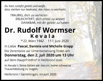 Traueranzeige von Rudolf Wormser 
