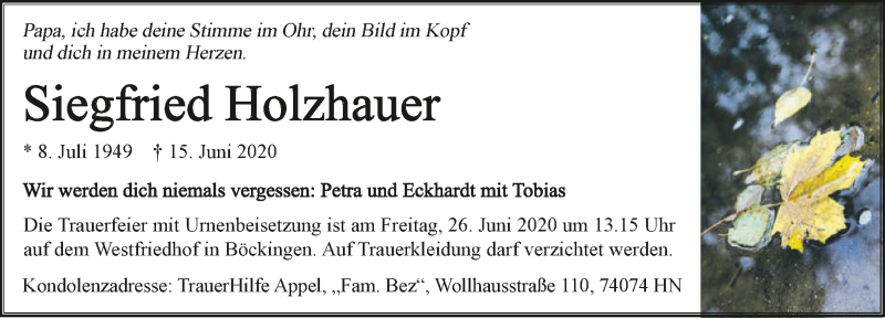 Traueranzeige für Siegfried Holzhauer vom 20.06.2020 aus 