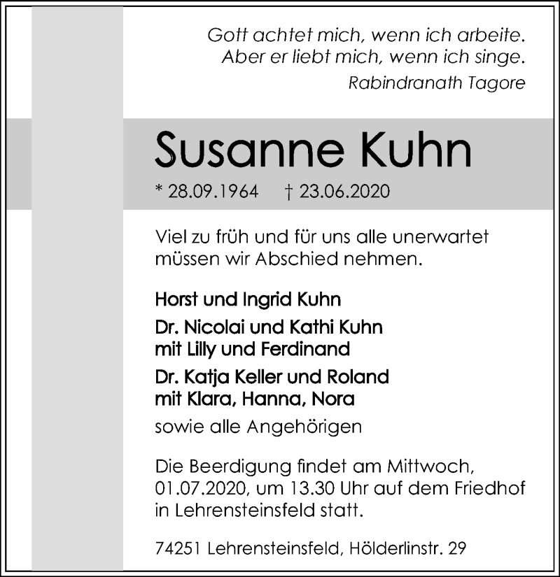  Traueranzeige für Susanne Kuhn vom 26.06.2020 aus 