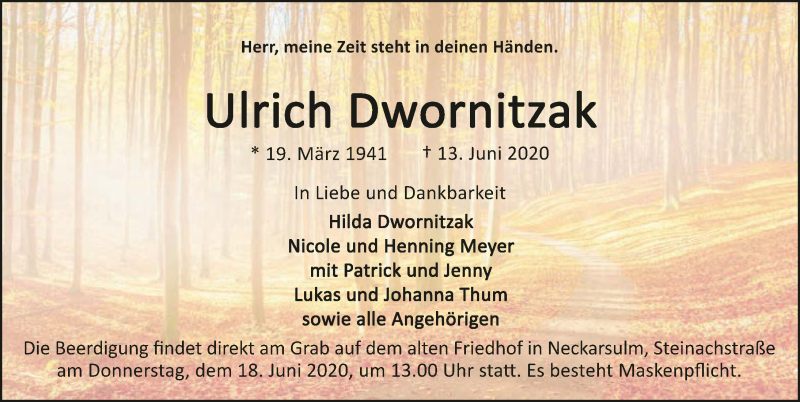  Traueranzeige für Ulrich Dwornitzak vom 16.06.2020 aus 