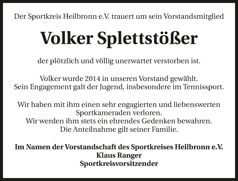  Traueranzeige für Volker Splettstößer vom 10.06.2020 aus 
