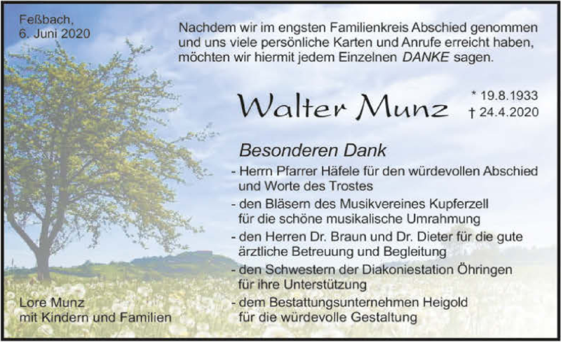  Traueranzeige für Walter Munz vom 06.06.2020 aus 