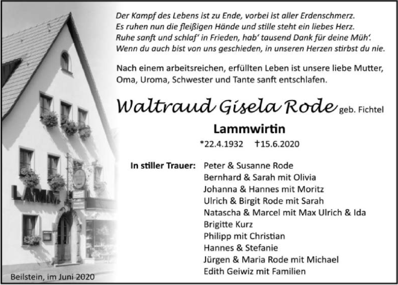  Traueranzeige für Waltraud Gisela Rode vom 18.06.2020 aus 