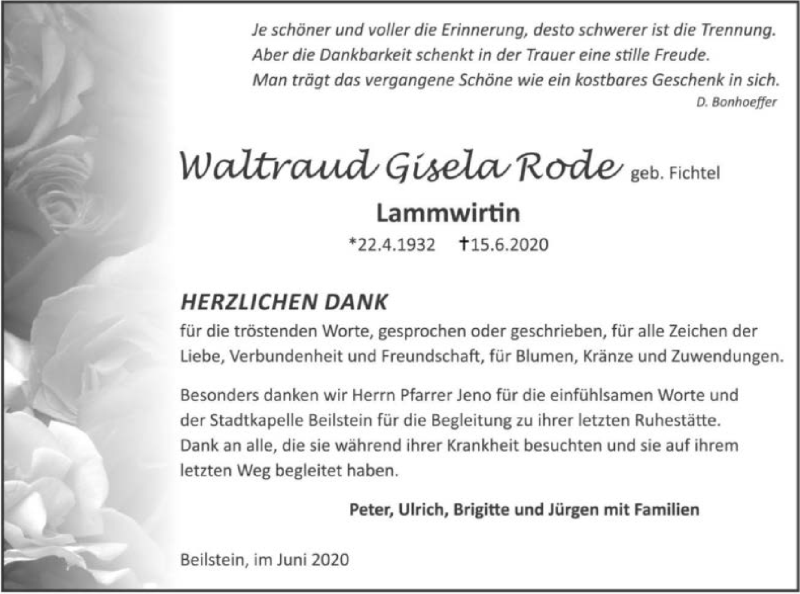  Traueranzeige für Waltraud Gisela Rode vom 27.06.2020 aus 