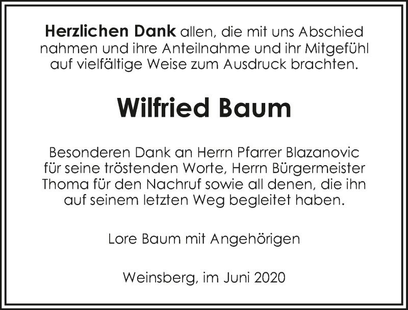  Traueranzeige für Wilfried Baum vom 13.06.2020 aus 