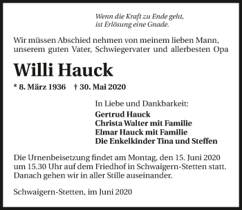 Traueranzeige von Willi Hauck 