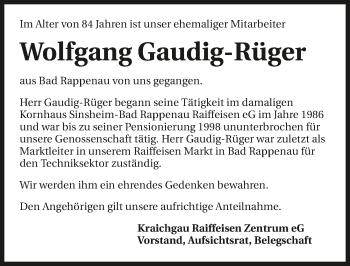 Traueranzeige von Wolfgang Gaudig-Rüger 
